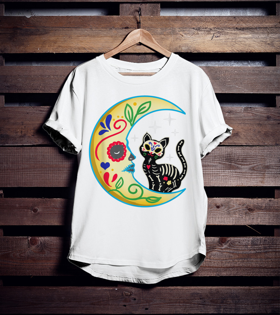 Cat And Moon Sugar Skull Dia De Los Muertos Day Of The Dead Mexican Festival T-Shirt