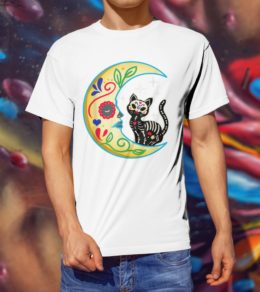 Cat And Moon Sugar Skull Dia De Los Muertos Day Of The Dead Mexican Festival T-Shirt