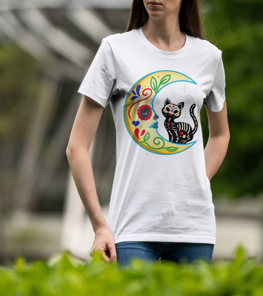 Cat And Moon Sugar Skull Dia De Los Muertos Day Of The Dead Mexican Festival T-Shirt