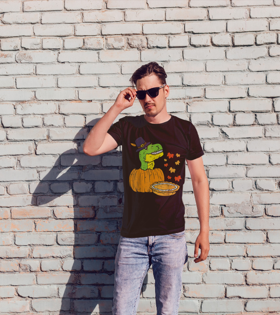 Pilgrim Trex Dinosaur Pumpkin Leaves Pie T-Shirt