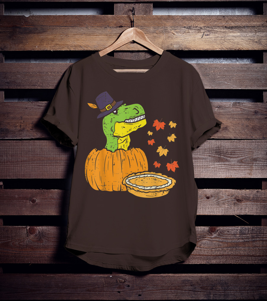Pilgrim Trex Dinosaur Pumpkin Leaves Pie T-Shirt