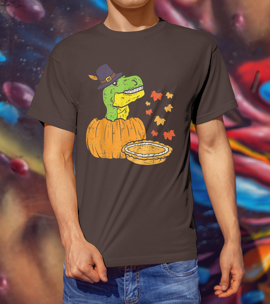 Pilgrim Trex Dinosaur Pumpkin Leaves Pie T-Shirt