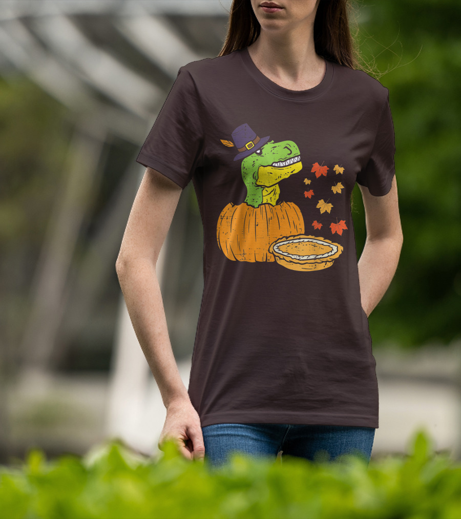 Pilgrim Trex Dinosaur Pumpkin Leaves Pie T-Shirt