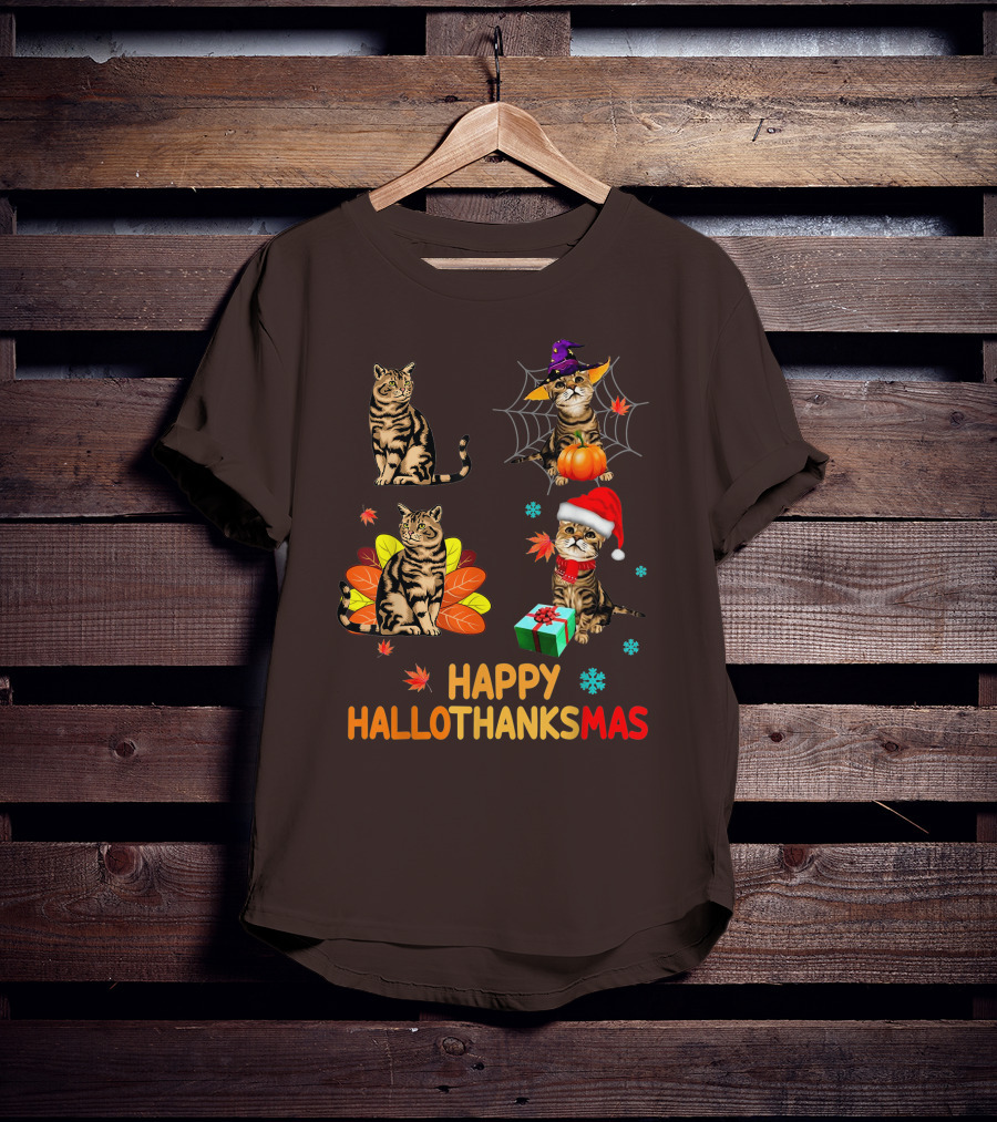 Happy Hallothanksmas Cats With Pumpkin, Autumn Leaves, Santa Hat, And Gift T-Shirt