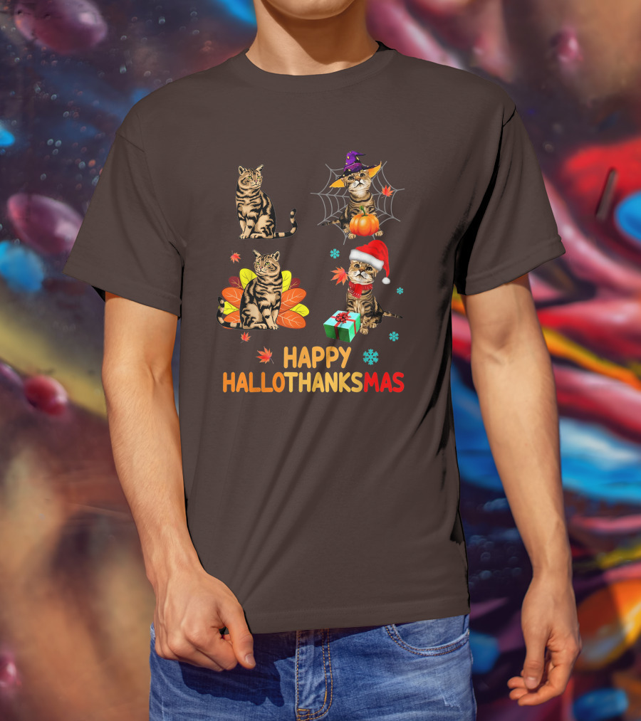 Happy Hallothanksmas Cats With Pumpkin, Autumn Leaves, Santa Hat, And Gift T-Shirt