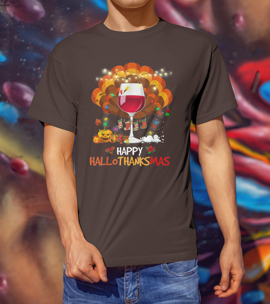 Happy Hallothanksmas Wine Glass Thanksgiving Funny Wine T-Shirt