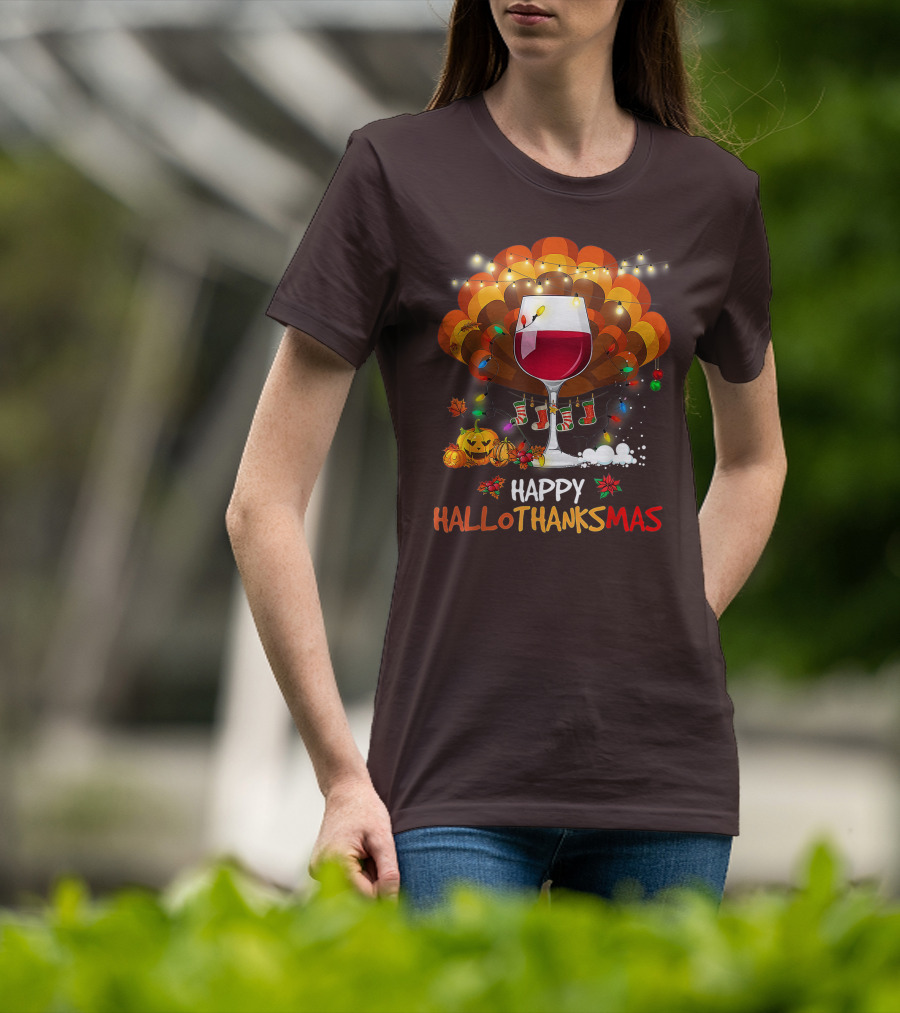 Happy Hallothanksmas Wine Glass Thanksgiving Funny Wine T-Shirt