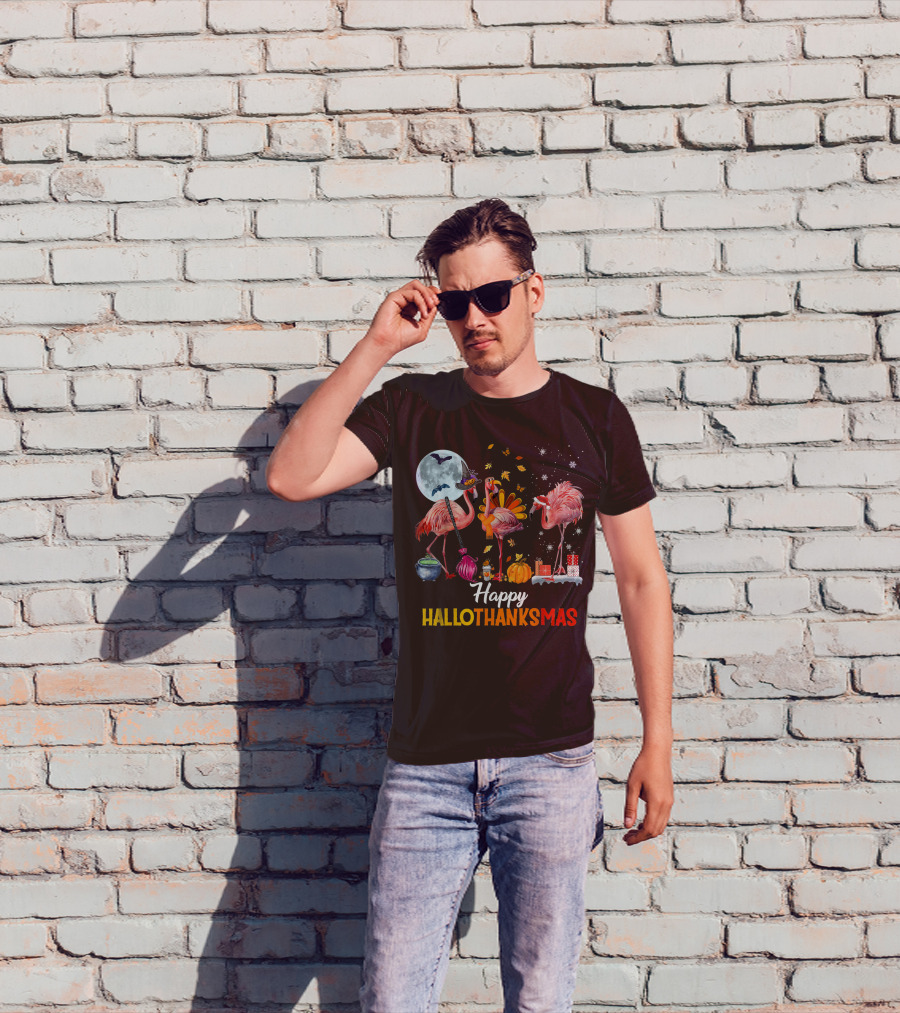 Happy Hallothanksmas Flamingo Halloween Merry Christmas T-Shirt