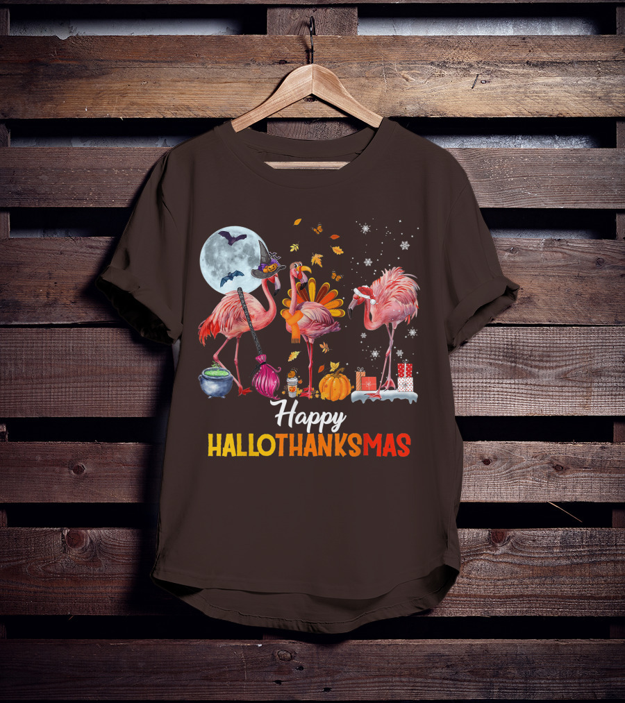 Happy Hallothanksmas Flamingo Halloween Merry Christmas T-Shirt