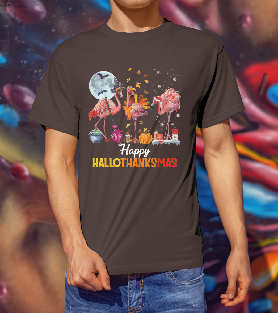 Happy Hallothanksmas Flamingo Halloween Merry Christmas T-Shirt