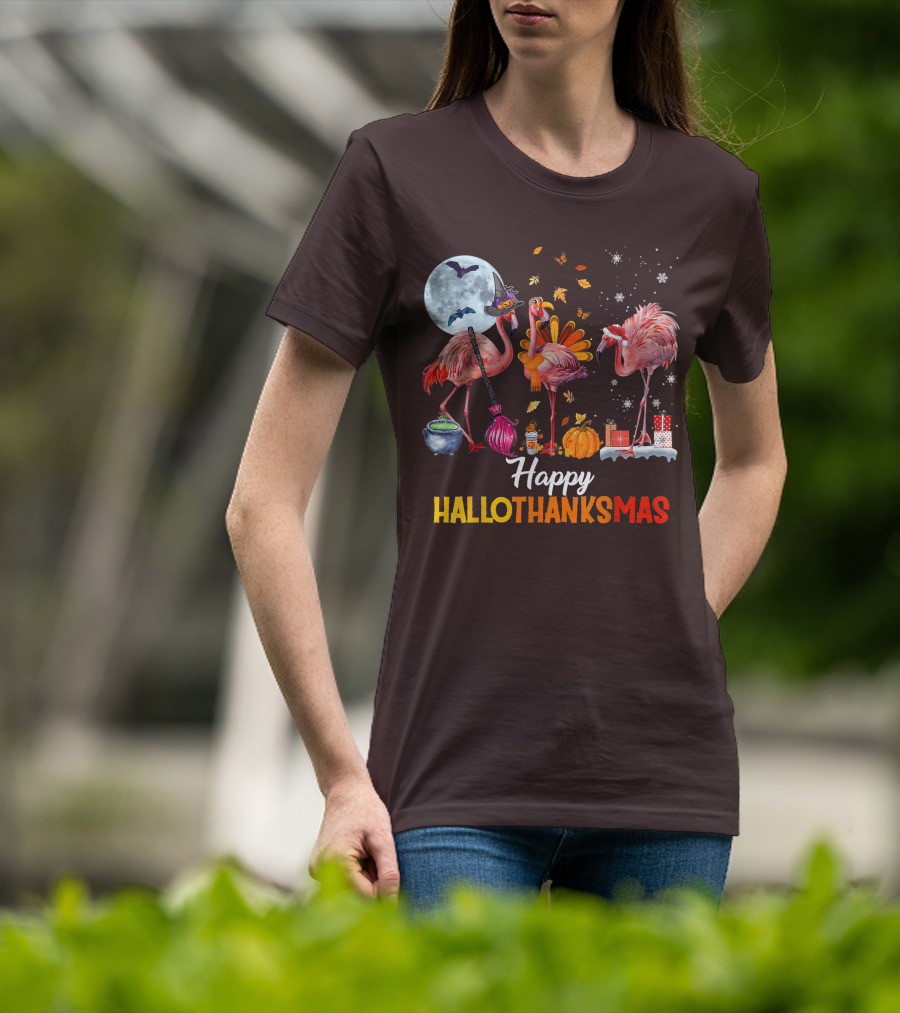 Happy Hallothanksmas Flamingo Halloween Merry Christmas T-Shirt