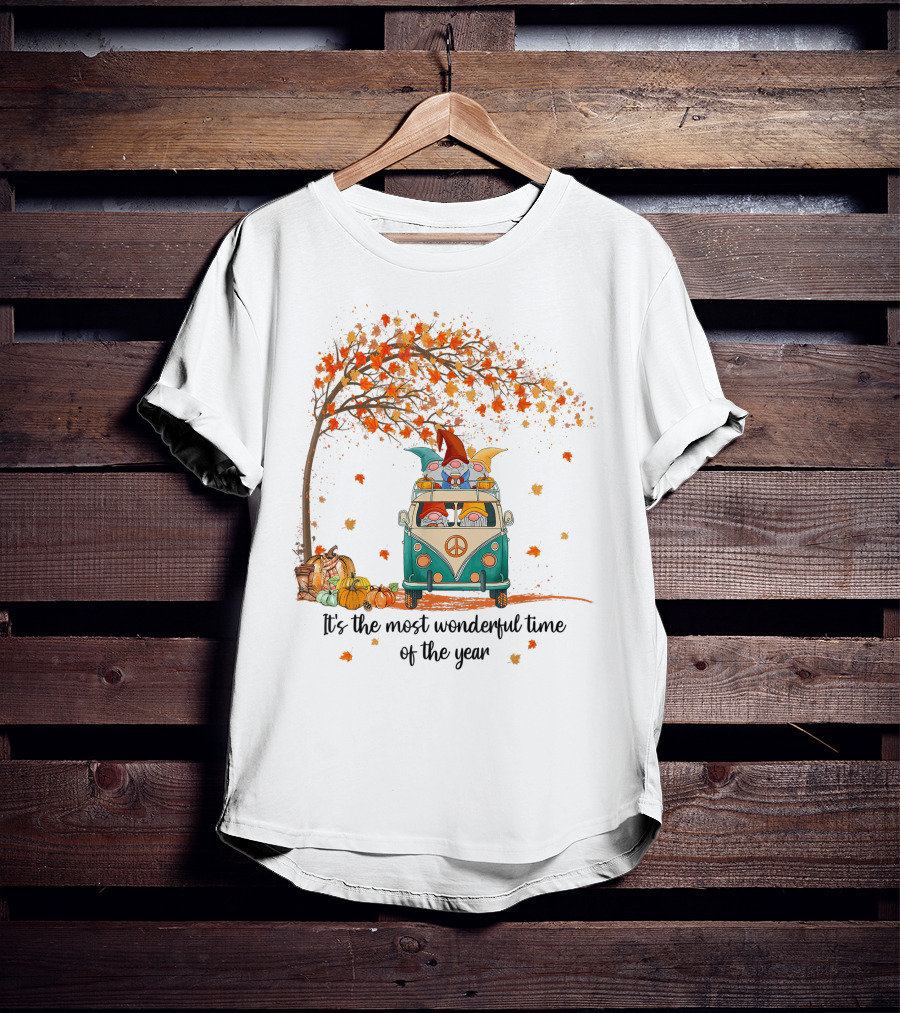 It's The Most Wonderful Time Of The Year Gnomes Autumn Fall In A Van With Pumpkins And Leaves T-Shirt