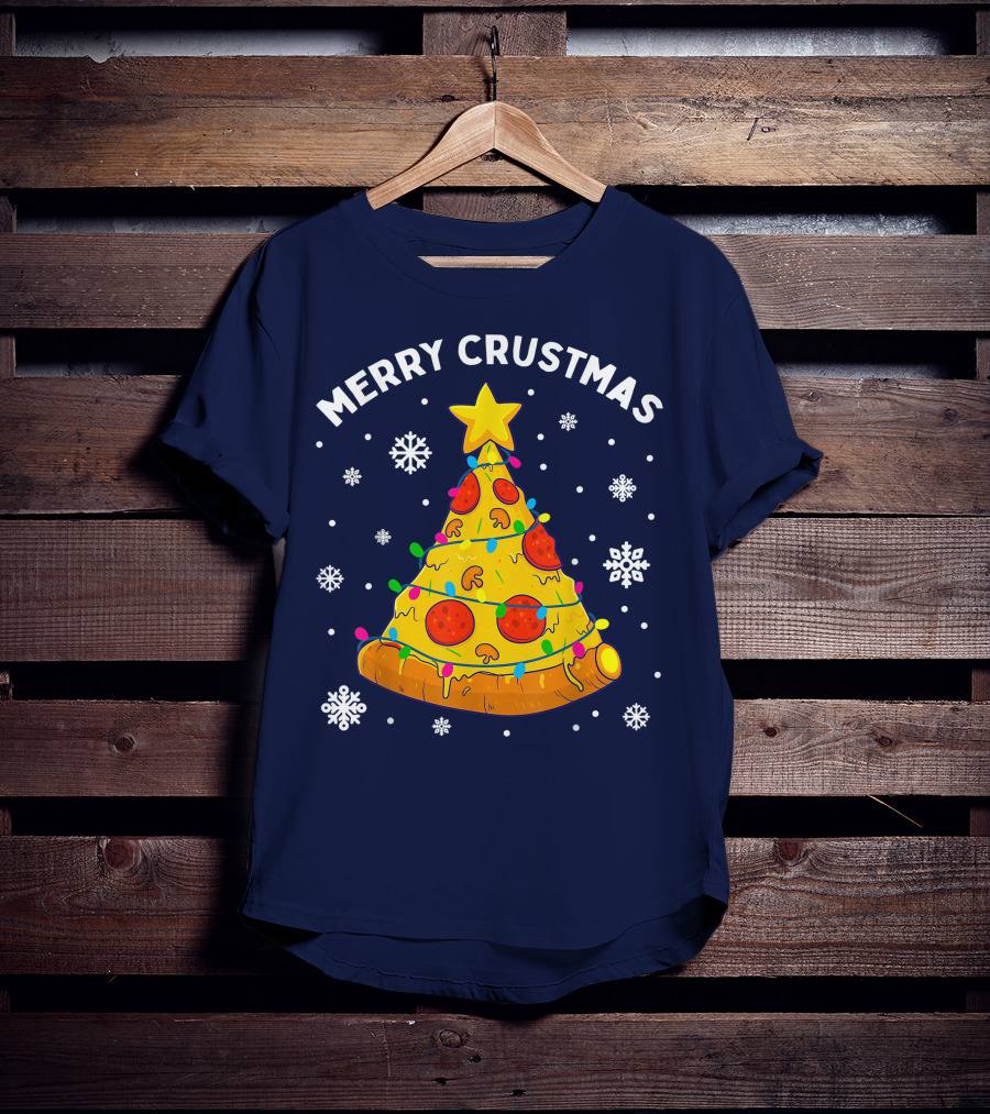 Merry Crustmas Pizza Christmas Tree With Cheese Garland And Snowflakes T-Shirt