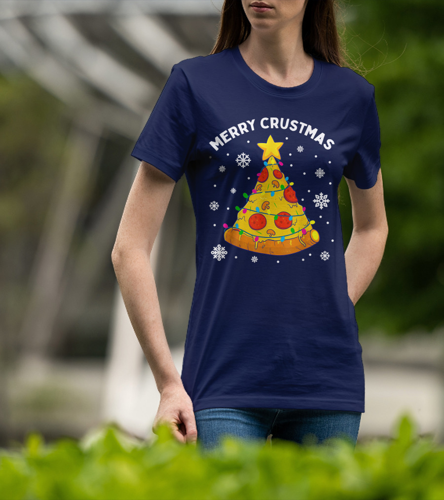 Merry Crustmas Pizza Christmas Tree With Cheese Garland And Snowflakes T-Shirt