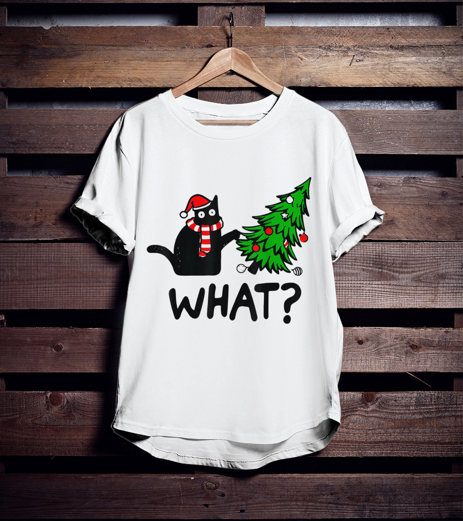 Funny Black Cat Santa Hat Pushing Over Christmas Tree What T-Shirt