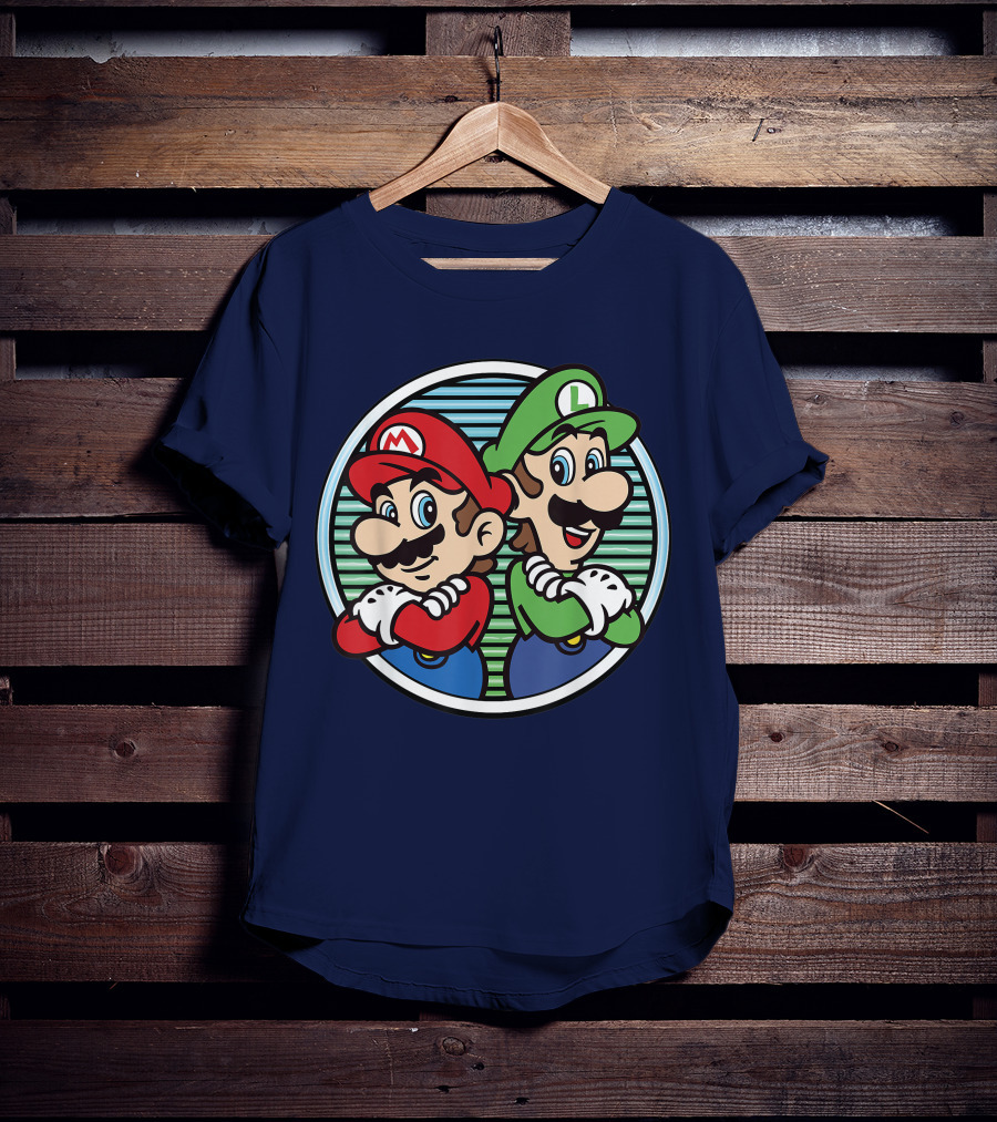 Super Mario Luigi Back To Back Iconic Brothers Circular Retro Stripes T-Shirt