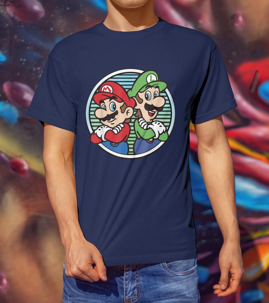 Super Mario Luigi Back To Back Iconic Brothers Circular Retro Stripes T-Shirt
