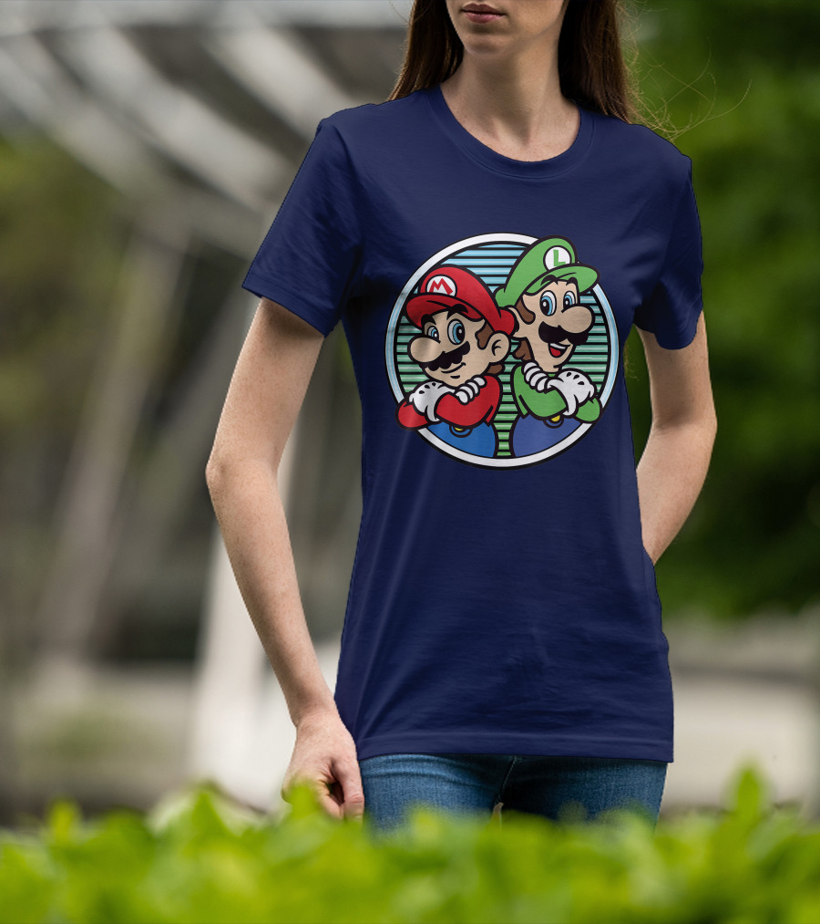 Super Mario Luigi Back To Back Iconic Brothers Circular Retro Stripes T-Shirt