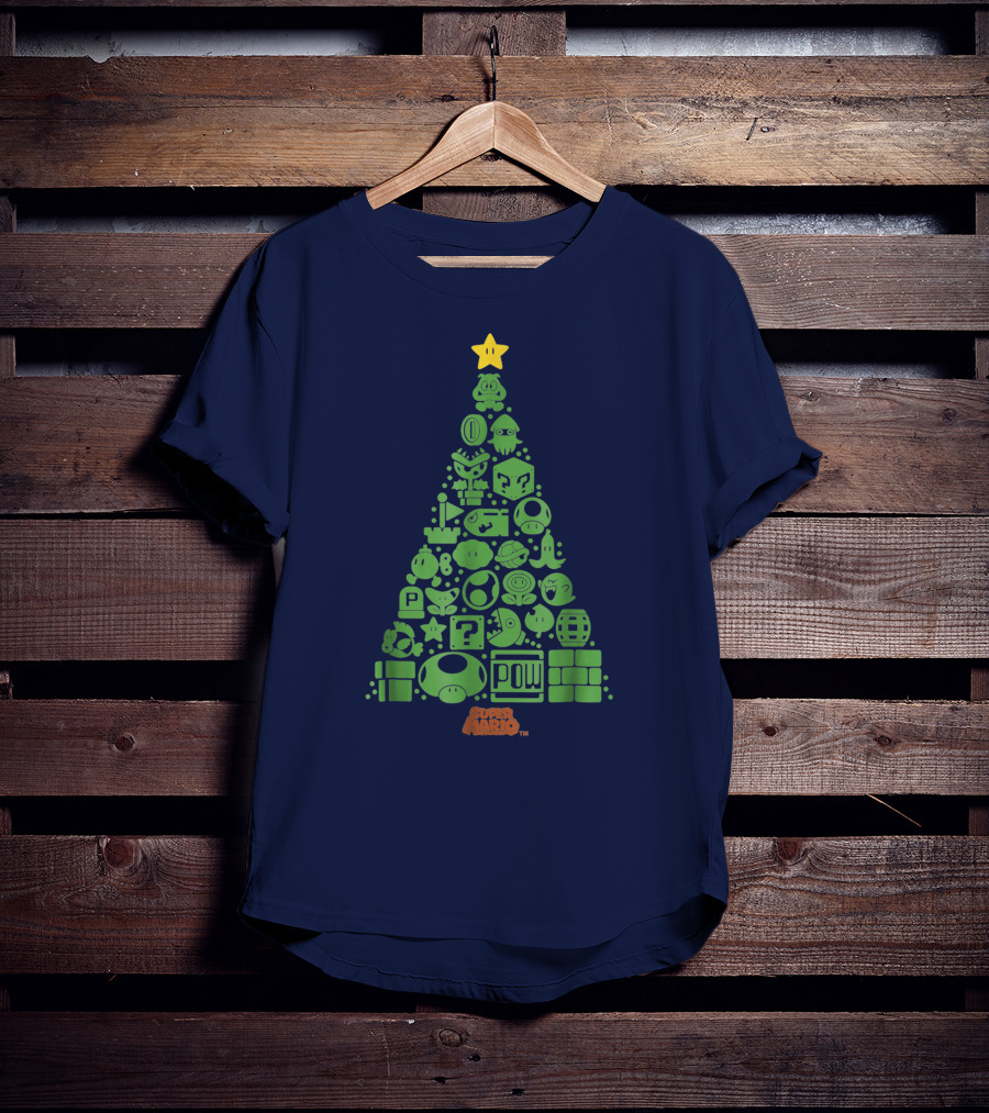 Super Mario Green Icon Christmas Tree With Star And Blocks T-Shirt