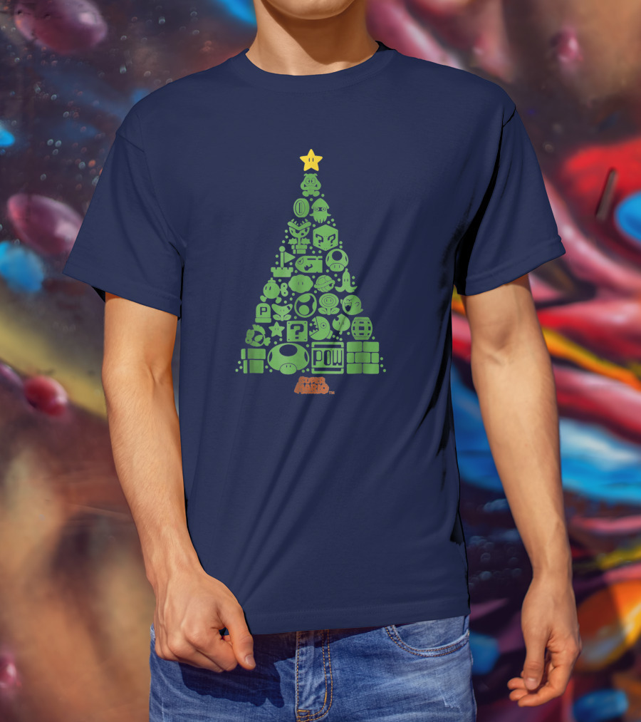Super Mario Green Icon Christmas Tree With Star And Blocks T-Shirt