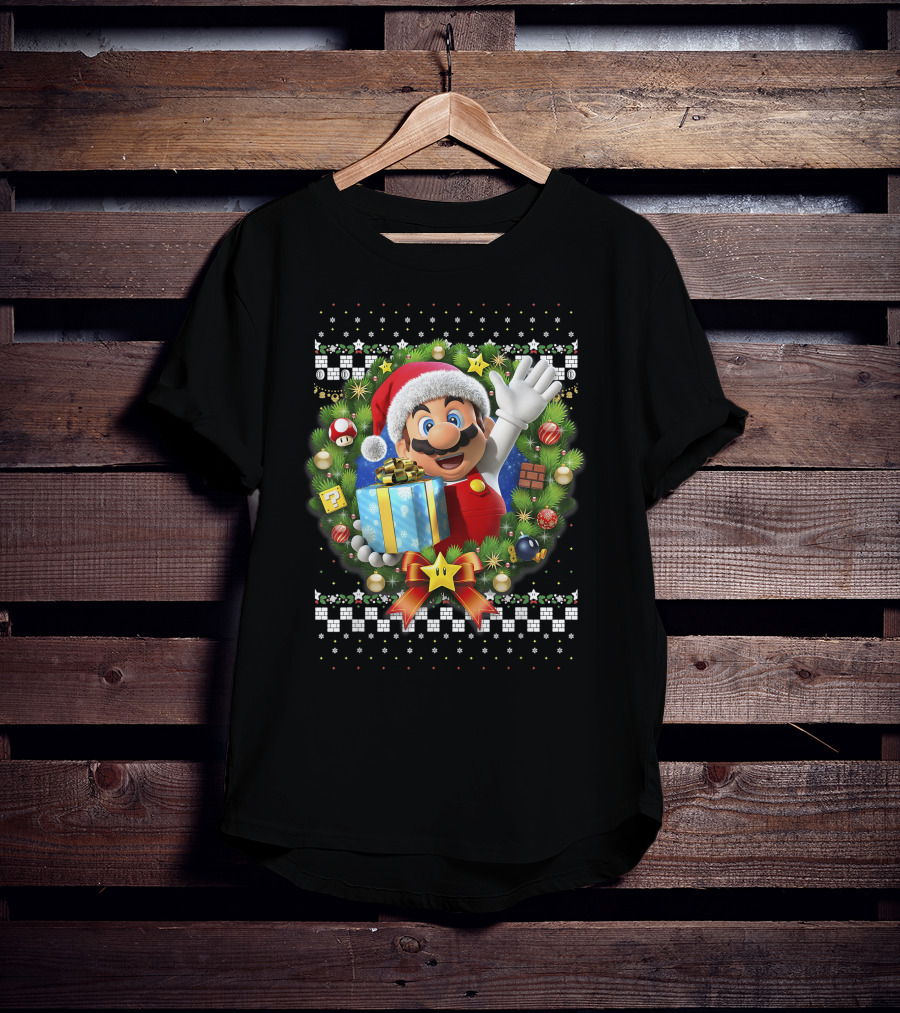 Super Mario Christmas Wreath Santa Present With Gift And Iconic Symbols T-Shirt