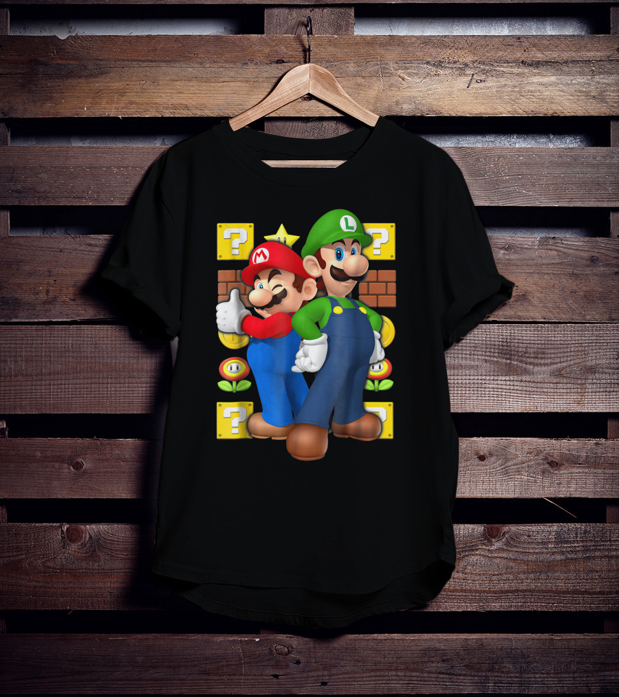 Super Mario Brothers Mario And Luigi With Question Blocks And Power-Up Icons T-Shirt