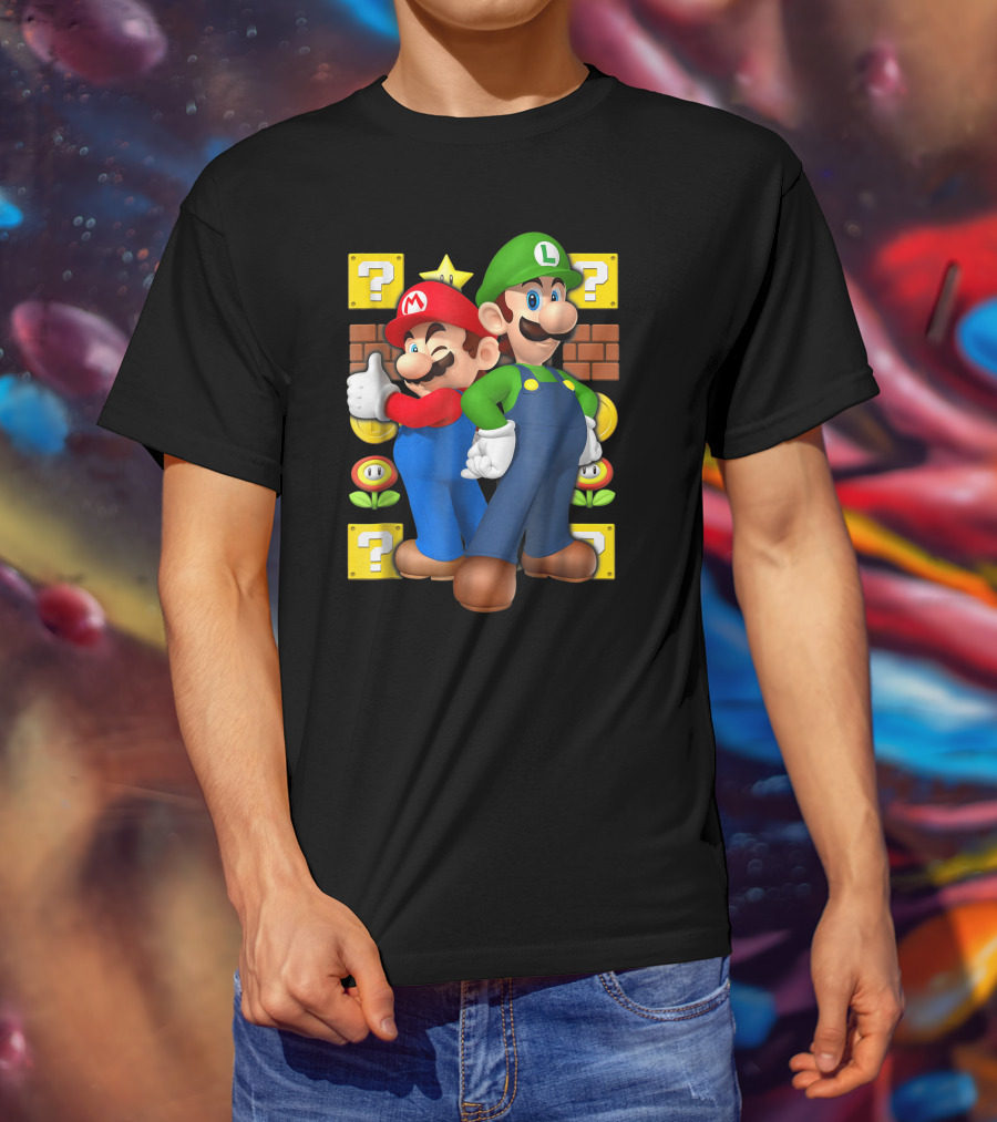 Super Mario Brothers Mario And Luigi With Question Blocks And Power-Up Icons T-Shirt