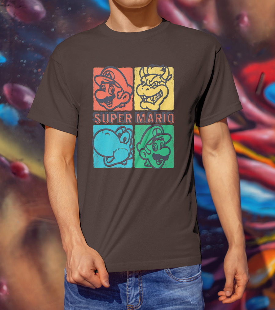 Super Mario Bowser Yoshi Luigi Distressed Square Group Shot T-Shirt