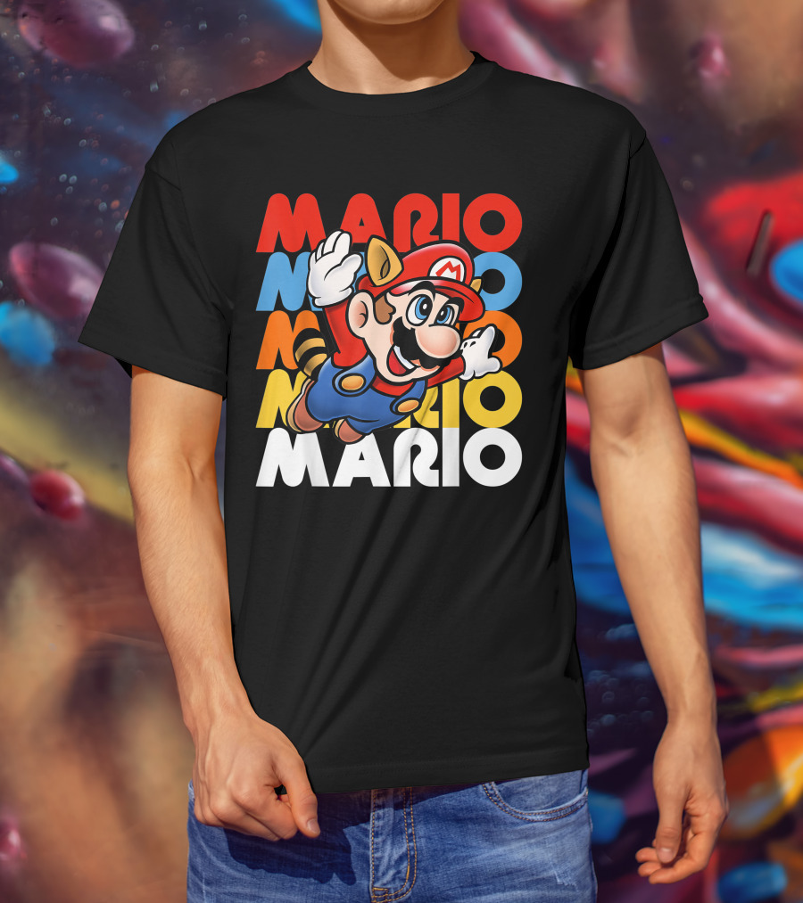 Funny Super Mario Retro Raccoon Flying Mario Repeat T-Shirt
