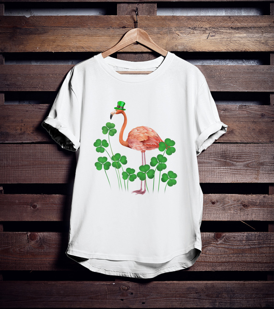 Flamingo With Shamrocks And Leprechaun Hat T-Shirt