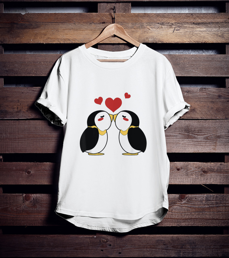 Cute Penguin Lovers Kissing With Hearts Above T-Shirt