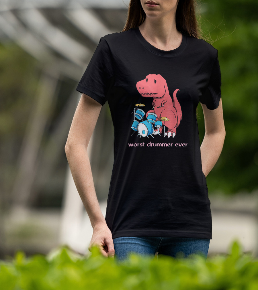 Worst Drummer Ever Dinosaur Rex Playing Drums T-Shirt