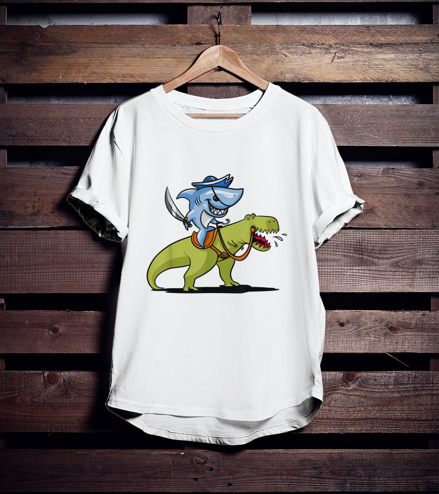 Shark Pirate Riding T-Rex Dinosaur Adventure T-Shirt