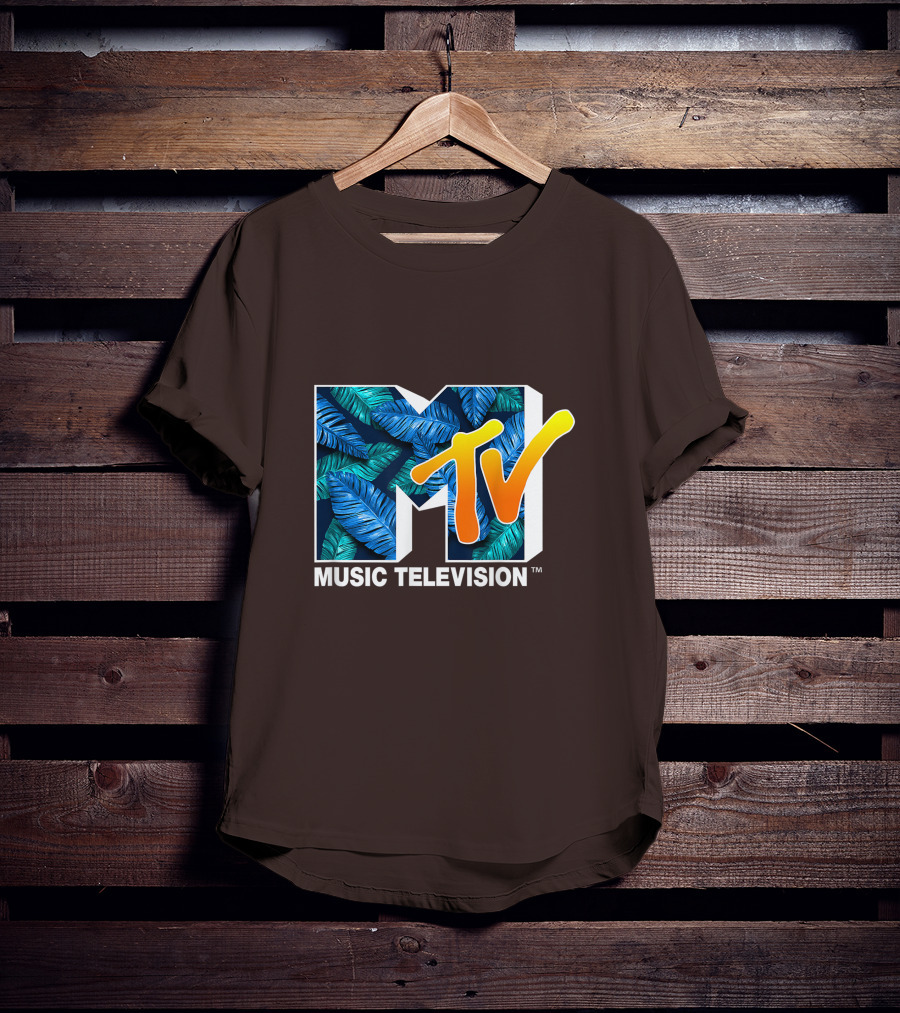 MTV Music Television Blue Green Tropical Leaf Fill T-Shirt