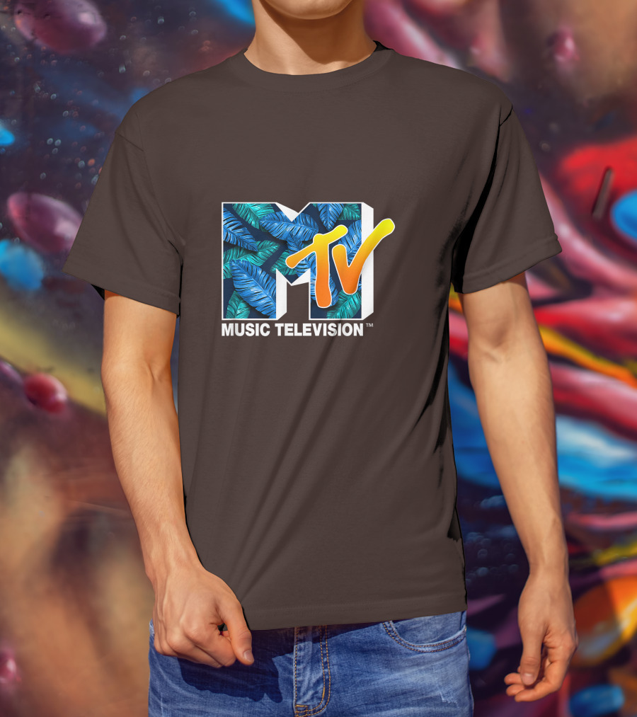 MTV Music Television Blue Green Tropical Leaf Fill T-Shirt