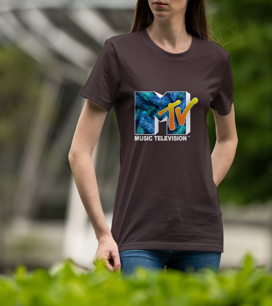 MTV Music Television Blue Green Tropical Leaf Fill T-Shirt