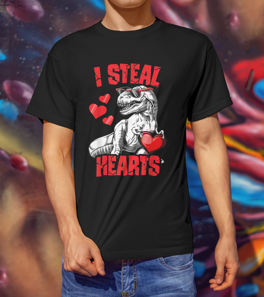 Valentines Day Kids Dinosaur T-Rex Lover I Steal Hearts T-Shirt