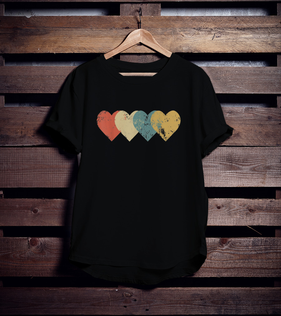 Vintage Hearts Distressed Red Yellow Blue Teal T-Shirt