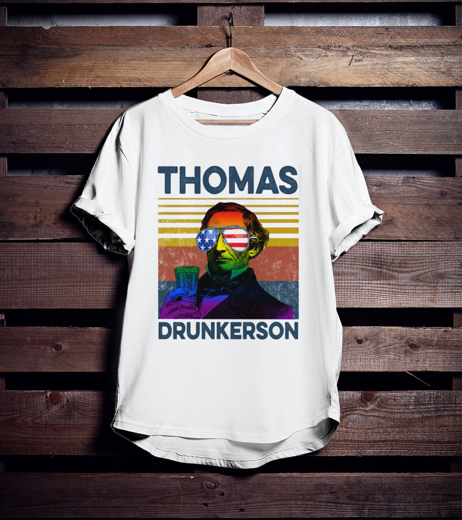 THOMAS DRUNKERSON USA Flag Sunglasses Drinking Beer T-Shirt