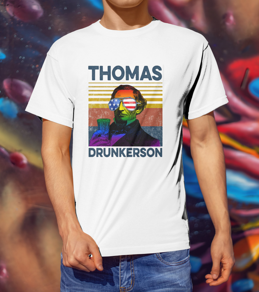 THOMAS DRUNKERSON USA Flag Sunglasses Drinking Beer T-Shirt