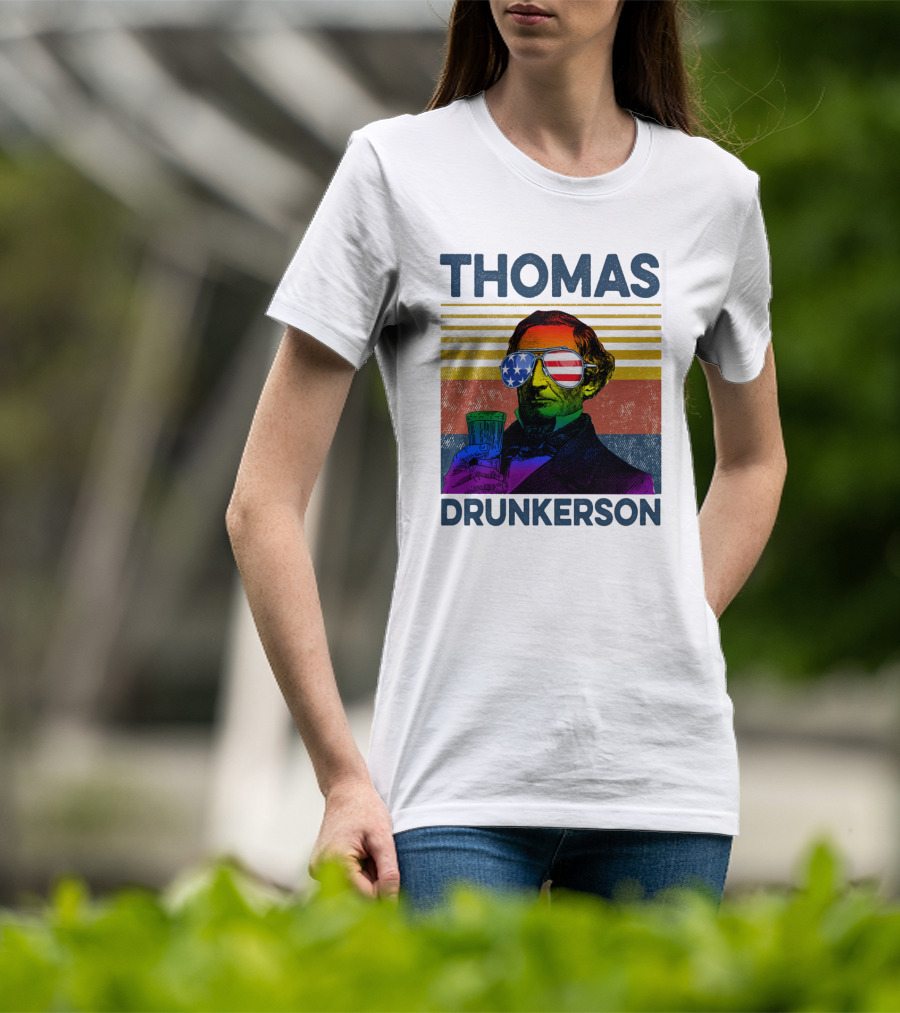 THOMAS DRUNKERSON USA Flag Sunglasses Drinking Beer T-Shirt