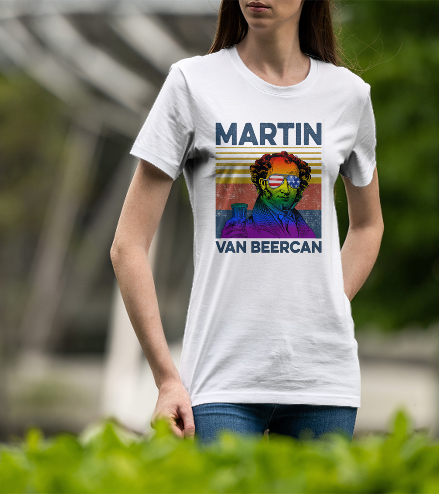 Martin Van Beercan American Flag Sunglasses Retro Drink Stripe T-Shirt