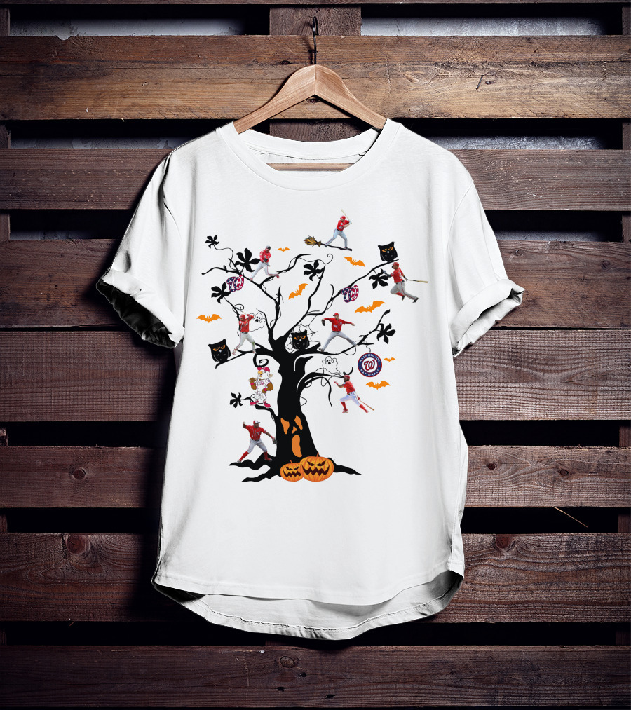 Washington Nationals Halloween Baseball Spooky Tree With Pumpkins And Bats T-Shirt