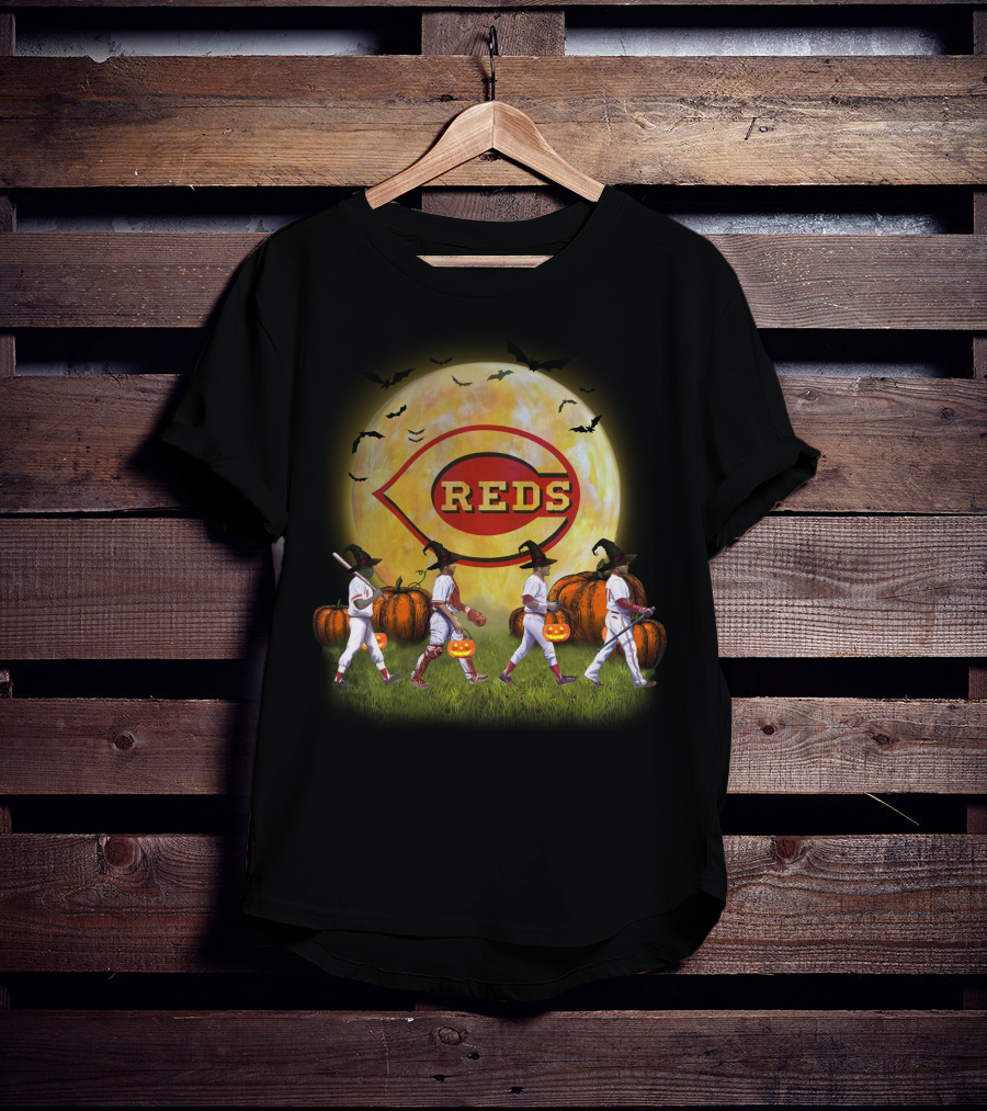 Cincinnati Reds Halloween Witch Walk With Pumpkins And Bats T-Shirt