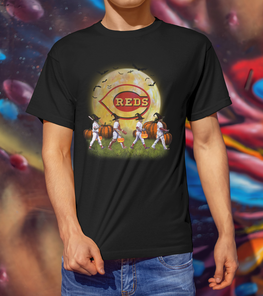 Cincinnati Reds Halloween Witch Walk With Pumpkins And Bats T-Shirt
