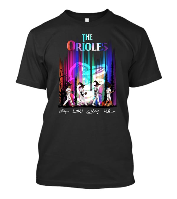 The Orioles Players And Signatures With Logo And Rainbow Background T-Shirt