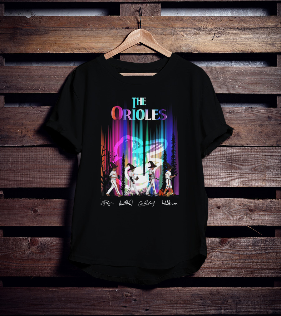 The Orioles Players And Signatures With Logo And Rainbow Background T-Shirt
