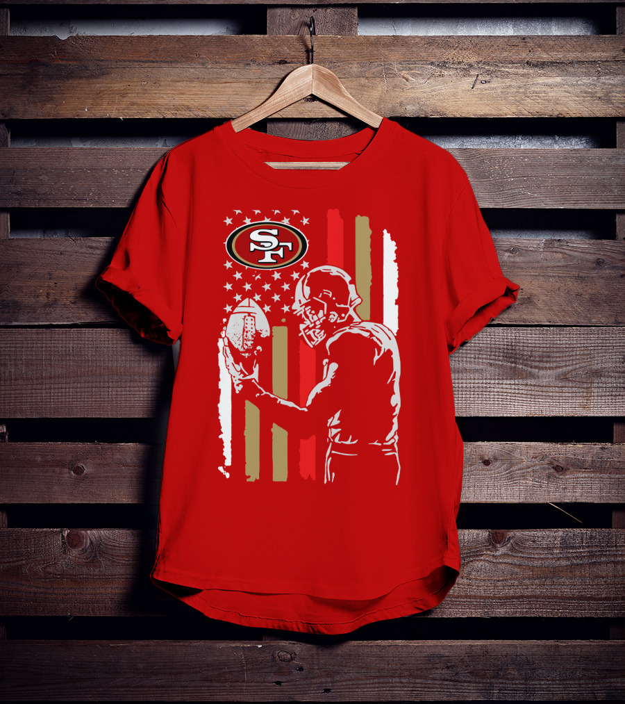 San Francisco 49ers Football Player With Logo And American Flag T-Shirt