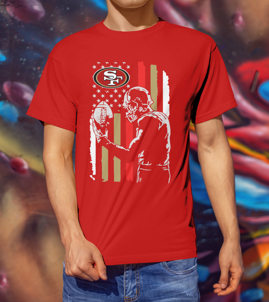 San Francisco 49ers Football Player With Logo And American Flag T-Shirt