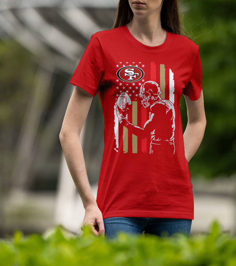 San Francisco 49ers Football Player With Logo And American Flag T-Shirt